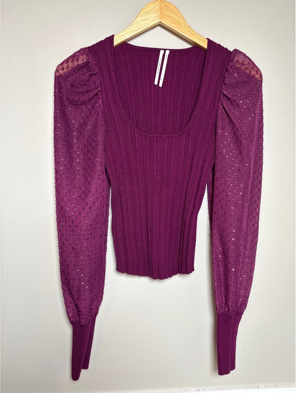 Anthropologie Ribbed Top with Sparkly Sheer Long Cuffed Sleeves XS